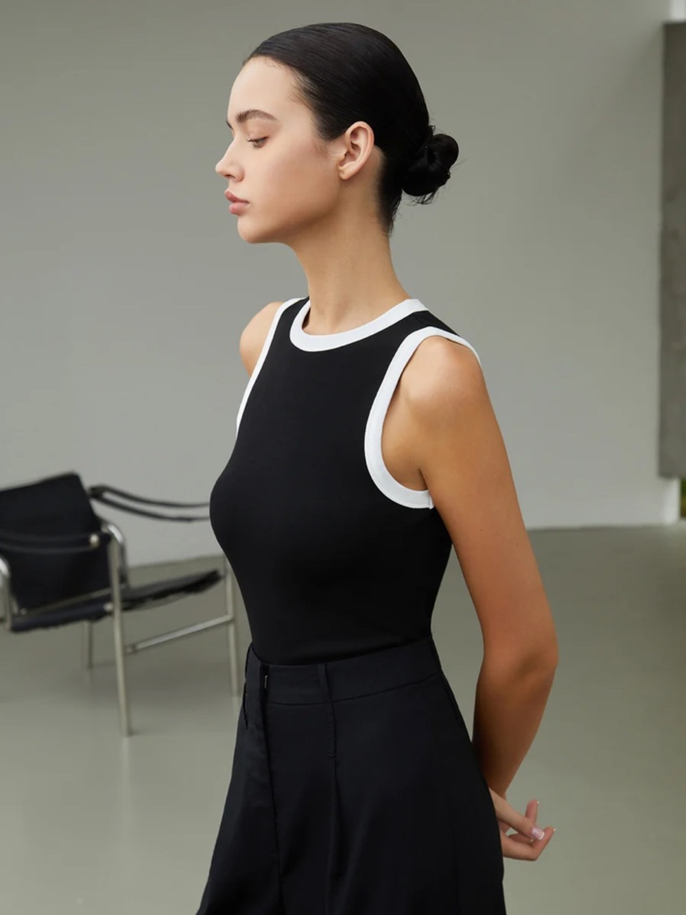 Commense Cotton Black Sleeveless Tank with White Trim